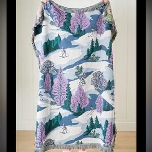 New Anthropologie Winterscape Woven Cotton Throw Blanket Mountain Skiers Rabbit